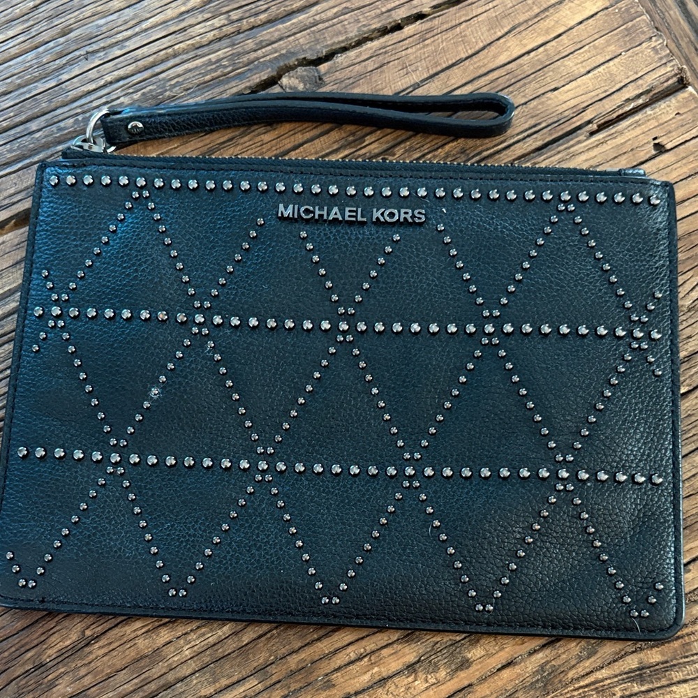 Michael Kors Black Leather Studded Wristlet Pouch